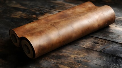 Fototapeta premium Rolled Brown Leather on Dark Wooden Surface
