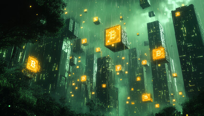 bitcoin in futuristic cityscape - concept