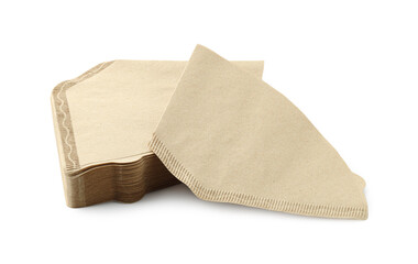 Stack of paper coffee filters isolated on white
