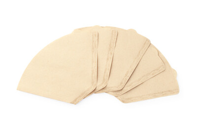 Paper coffee filters isolated on white, top view