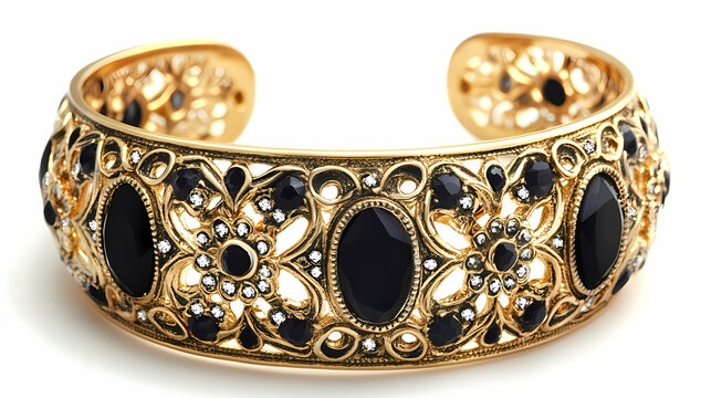 Elegant gold bracelet with intricate black and rhinestone design, perfect for stylish occasions. Rainstone. Illustration