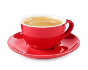 Red cup of aromatic coffee and saucer isolated on white
