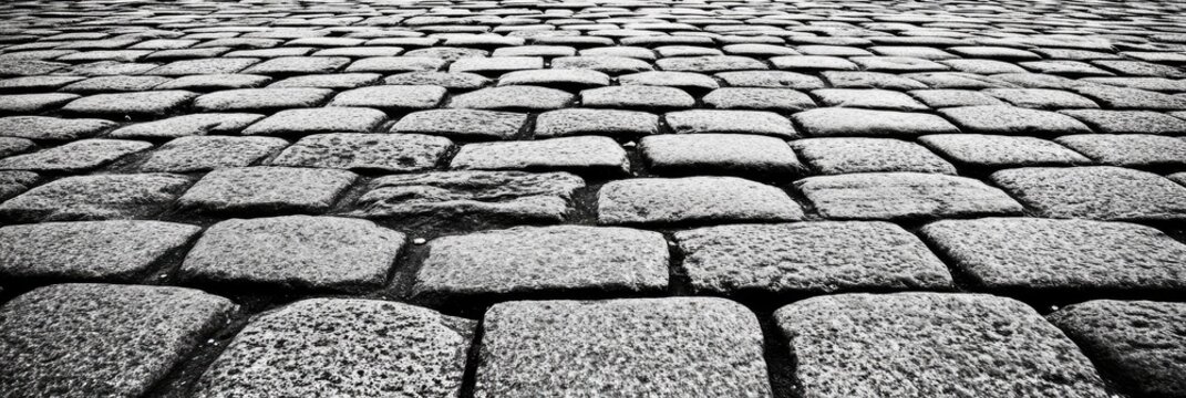 Perspective artistique d'une chauss&eacute;e pav&eacute;e en noir et blanc, cr&eacute;ant un motif r&eacute;p&eacute;titif et textur&eacute;.