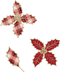 Holly leaves, Holly plaid texture, vector, set, collection. Watercolor, Vintage. Greeting design, invitation, celebrate, event, party, new year