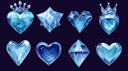 Fototapeta premium Game icons of diamond crystals in abstract, star, heart, and crown shape. vector cartoon set of blue shiny gems or stones of glass, ice or rhinestone isolated on background. Rainstone. Illustration
