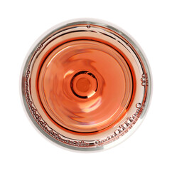 Rose wine in glass isolated on white, top view