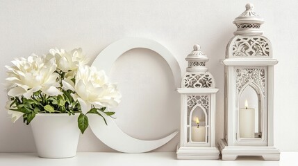 A serene arrangement featuring white flowers, decorative lanterns, and a circular accent, creating a calming home decor aesthetic.
