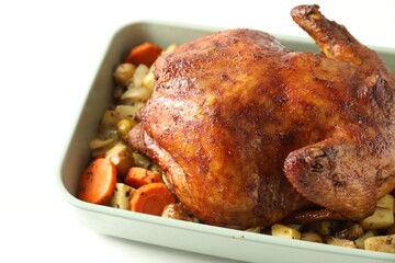Delicious baked turkey and vegetables in baking dish on white table, closeup