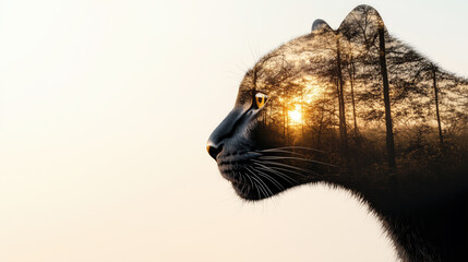 Obraz premium Majestic Black Panther Double Exposure Portrait with Jungle and Sunrise Sky, White Background 