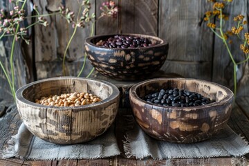 Rustic wooden bowls of mixed beans