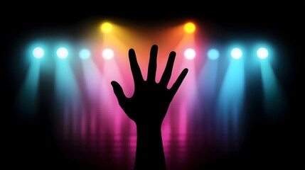 Silhouette Hand Raised on Stage with Colorful Lights
