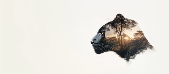 Obraz premium Majestic Black Panther Double Exposure Portrait with Jungle and Sunrise Sky, White Background, copy space 