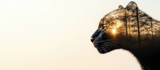 Obraz premium Majestic Black Panther Double Exposure Portrait with Jungle and Sunrise Sky, White Background, copy space 