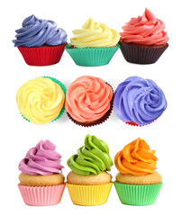 Yummy cupcakes with cream isolated on white, collage