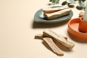 Palo santo sticks on beige background, closeup. Space for text