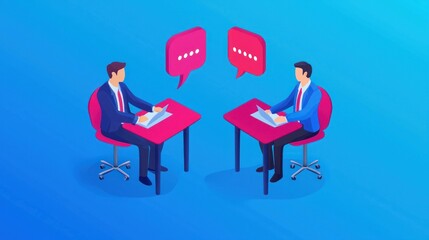 Business meeting conversation between two colleagues at office desks in bright environment