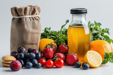 Fresh Fruits, Bottle of Juice, and Burlap Bag on White Background