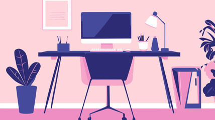 Modern Office Workspace with Desktop Computer, Chair, Lamp, and Plants - Clean, Stylish, Productive Design