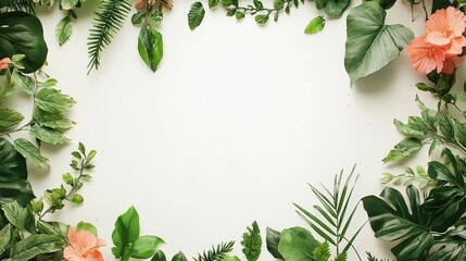 Naklejka premium A vibrant arrangement of tropical leaves and flowers framing a blank space, ideal for invitations or nature-themed designs.