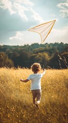 Child joyfully runs through a colorful field while flying a kite