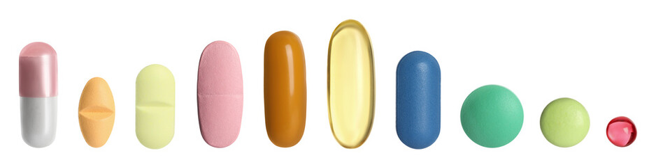 Different pills in row isolated on white, set