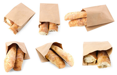 Paper bags with pastries isolated on white, set