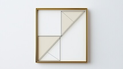 A geometric artwork featuring a framed arrangement of varying shapes and colors, emphasizing minimalism and design.