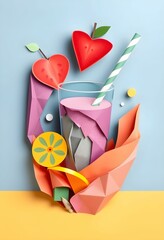 Berry and fruit smoothie in geometric paper style. It looks like an origami sculpture.