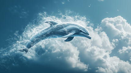 Obraz premium Wispy clouds forming a playful dolphin leaping out of an invisible ocean