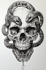 Skull and Snake Back black and white illustration