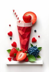 Berry and fruit smoothie in geometric paper style. It looks like an origami sculpture.