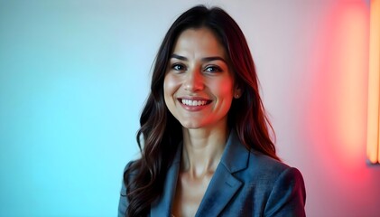 Confident Middle-Eastern Woman in Gray Blazer Smiling for Professional Headshot with Modern Office Background