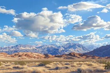 Fototapeta premium Desert landscape, mountains under sunny sky. Travel, nature, background.