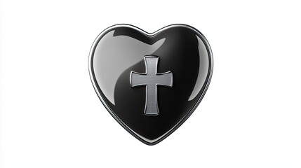 Obraz premium A glossy black heart shape featuring a silver cross at its center, symbolizing love and faith.