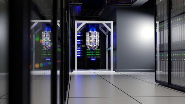 3d render of a quantum computer installed in an exascale datacenter.