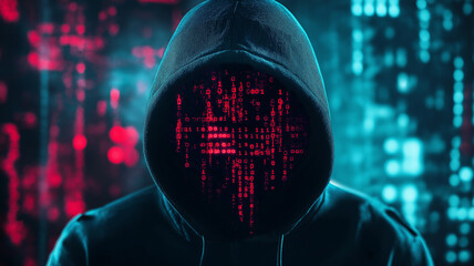 Hooded faceless Hacker Breaks into Government Data Servers and Infects Their System with a Virus. Digital concept with programming code for cyber security