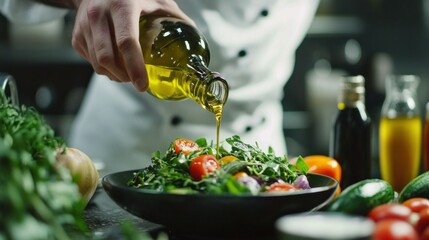 Chef pouring olive oil on a fresh salad.