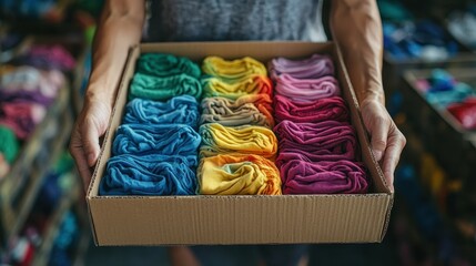 A person is holding a box of colorful socks. The socks are arranged in a way that they are all different colors and sizes. The box is placed on a table, and the person is holding it with both hands