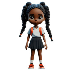 3D plastic rendered cartoon African American pupil girl with braids wearing backpack, white shirt and gray skirt. Back to school theme.