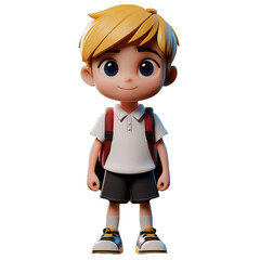 3D plastic rendered cartoon blonde pupil boy standing and smiling wearing backpack, white t-shirt and gray shorts. Back to school theme.