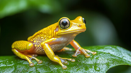 Obraz premium Vibrant Golden Frog on Lush Green Leaf in Tropical Rainforest
