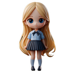 3D plastic rendered cartoon anime girl with long blonde hair wearing gray school uniform standing.