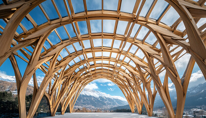 Obraz premium Construction of roof, wooden pine symmetric skeleton and blue sky