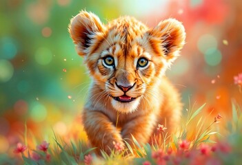 Cute little lion cub in the meadow with flowers. Little predator.