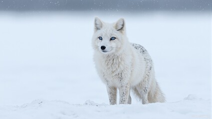 Arctic fox in snowscape with blue eyes wind blown fur and snowy background