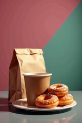 A coffee cup with a takeaway bag and doughnuts , food, snacks, cup