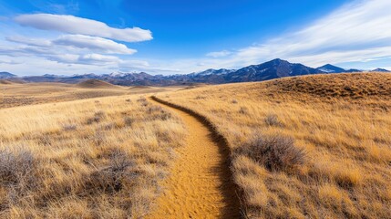 Fototapeta premium Wilderness and desert pristine, A winding dirt path cuts through golden grasslands, leading toward distant mountains under a bright blue sky with scattered clouds.