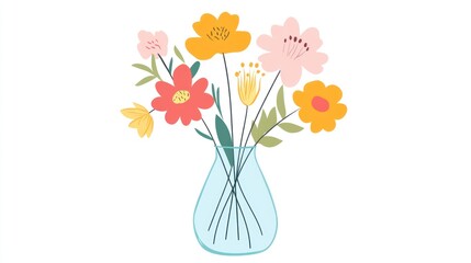 Colorful floral bouquet in glass vase, white background, spring card design