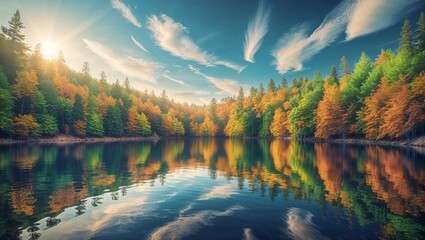 Obraz premium A Serene High-Angle View of a Still Lake with Mirror-Like Reflections, Surrounded by Lush Greenery and Majestic Mountains, Creating a Peaceful and Tranquil Natural Landscape