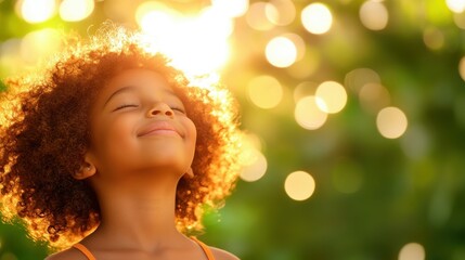 Fototapeta premium A young girl with curly hair is smiling and looking up at the sun. Concept of happiness and positivity, as the girl seems to be enjoying the warmth and light of the sun